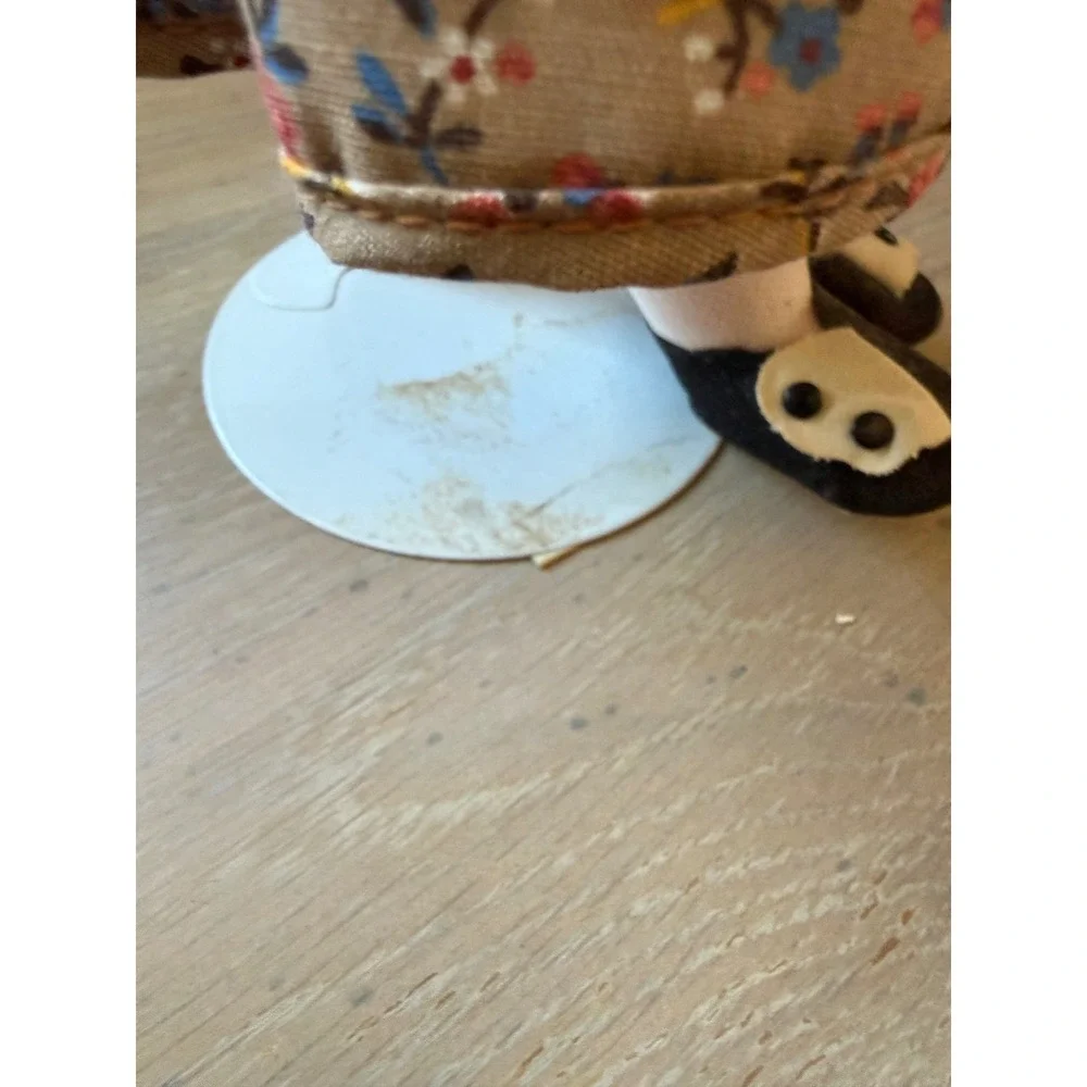 Vintage Blonde Curly Hair Doll Brown Floral Lace Dress Straw Hat Stand 12in‎